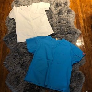 Two NEW scrub tops white + light blue